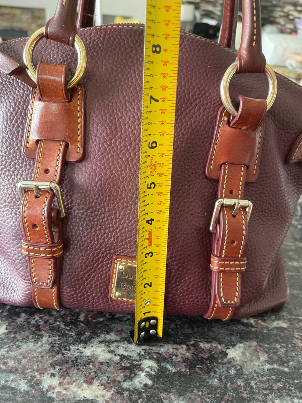 Dooney & Bourke Wine Pebbled Leather Satchel with Brown Trim - Picture 14 of 16